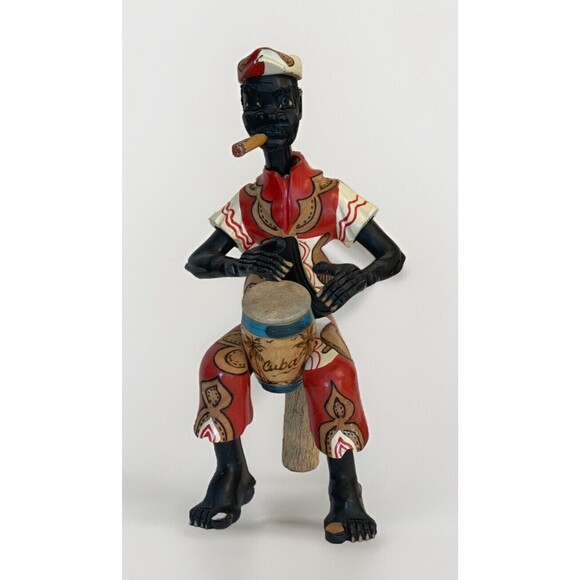 CUBA Folk Art Man Musician Drummer Hand-Carved Hand-Painted 17